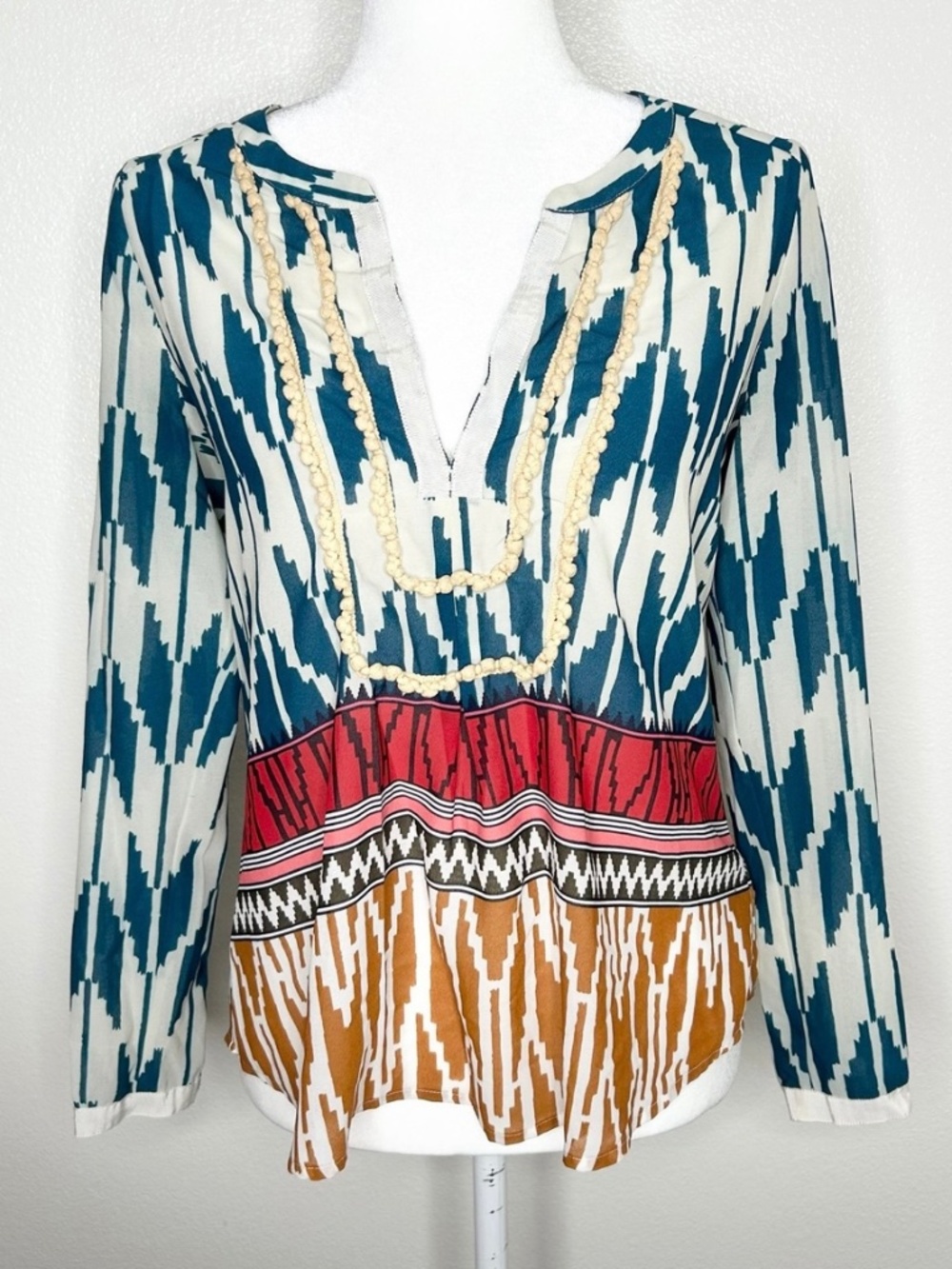 Maeve Anthropologie Womens Split Neck Patterned Rihanna Boho Top Size 2